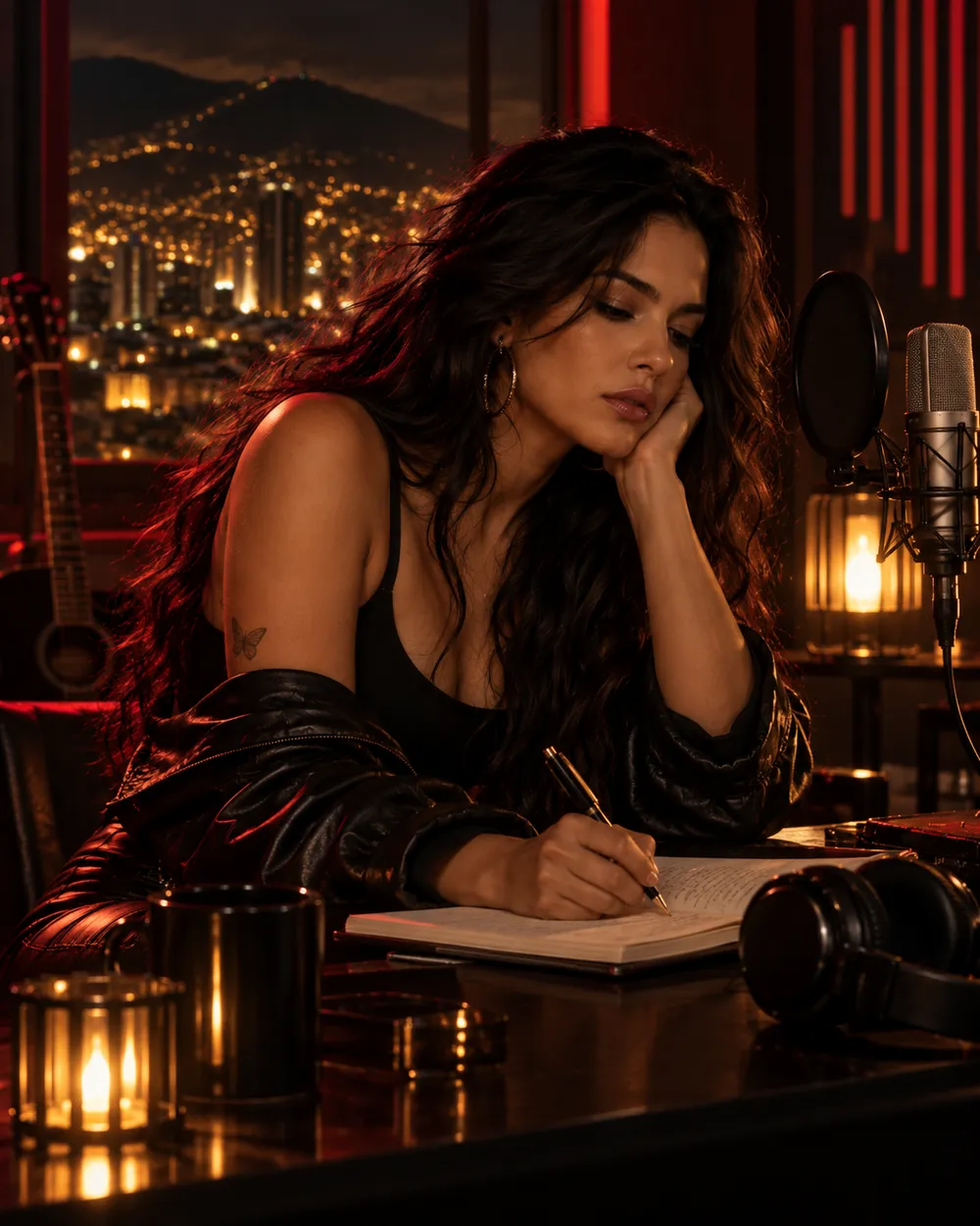 Yeimy escribiendo en su cuaderno frente al micrófono del estudio